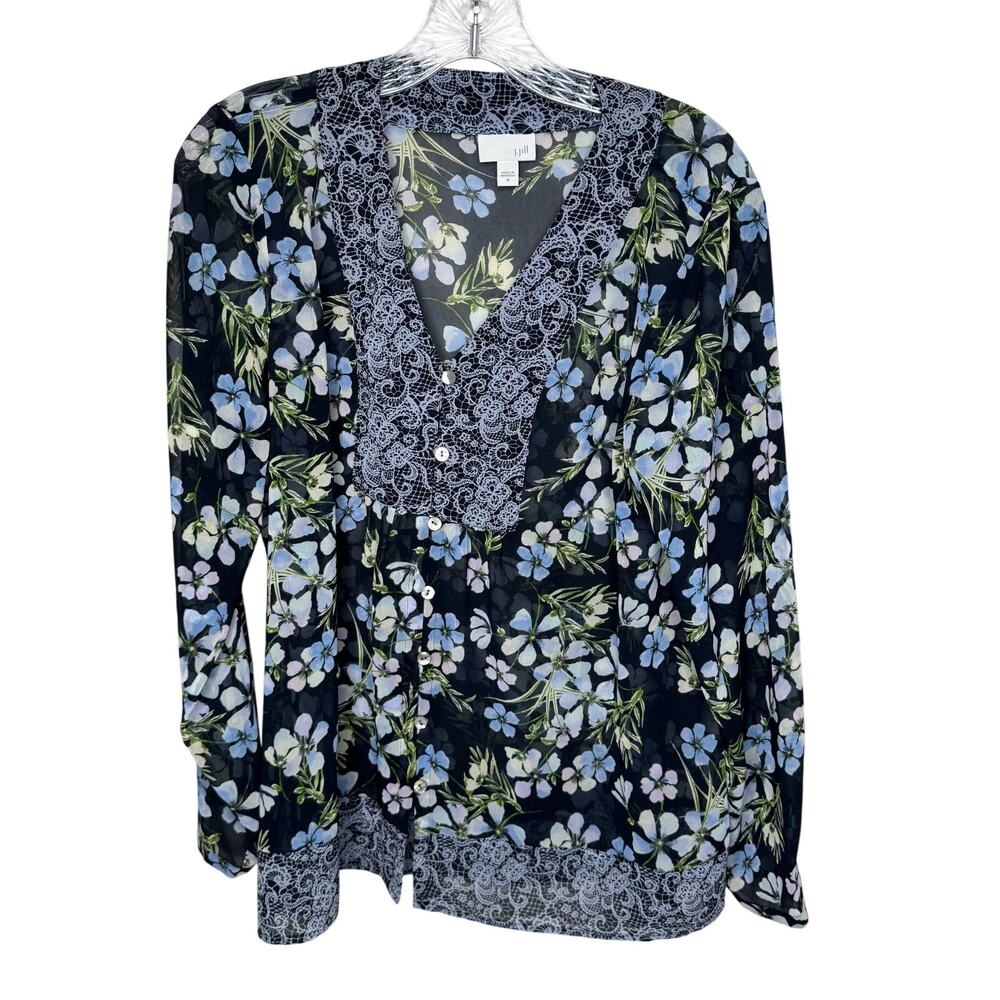 J. Jill Floral Print Blouse Women’s Medium Navy Blue Long Sleeve Boho Top‎